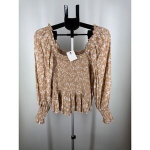 Bella Ella Boutique Tan Floral Smocked Peplum‎ Top Long Sleeve Medium NWT